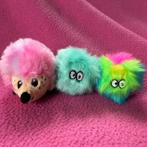 Pink Hedgehog and Teal and Rainbow Fuzzy Pom-Pom Pet Toys